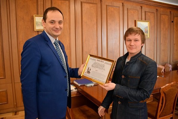 City Mayor Ruslan Martsinkov for his honest work awarded with the gratitude of Deputy Director of the Department of Youth Policy and Sport of Ivano-Frankivsk City Council - Head of the Department of Family and Gender Policy Nazariy Kuzemka